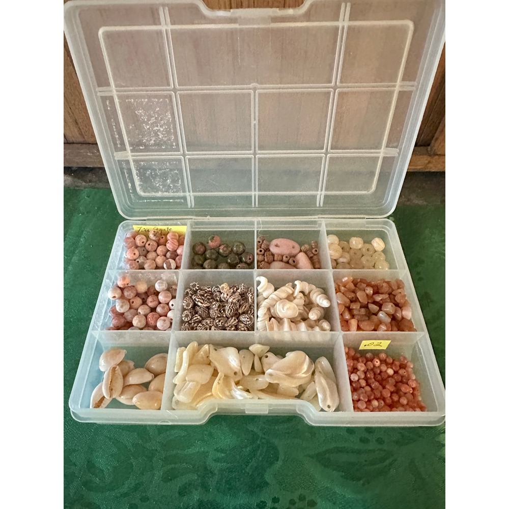1lb+ Mixed Natural Stone Beads Agate Shells Jewelry Making Craft Lot with Case